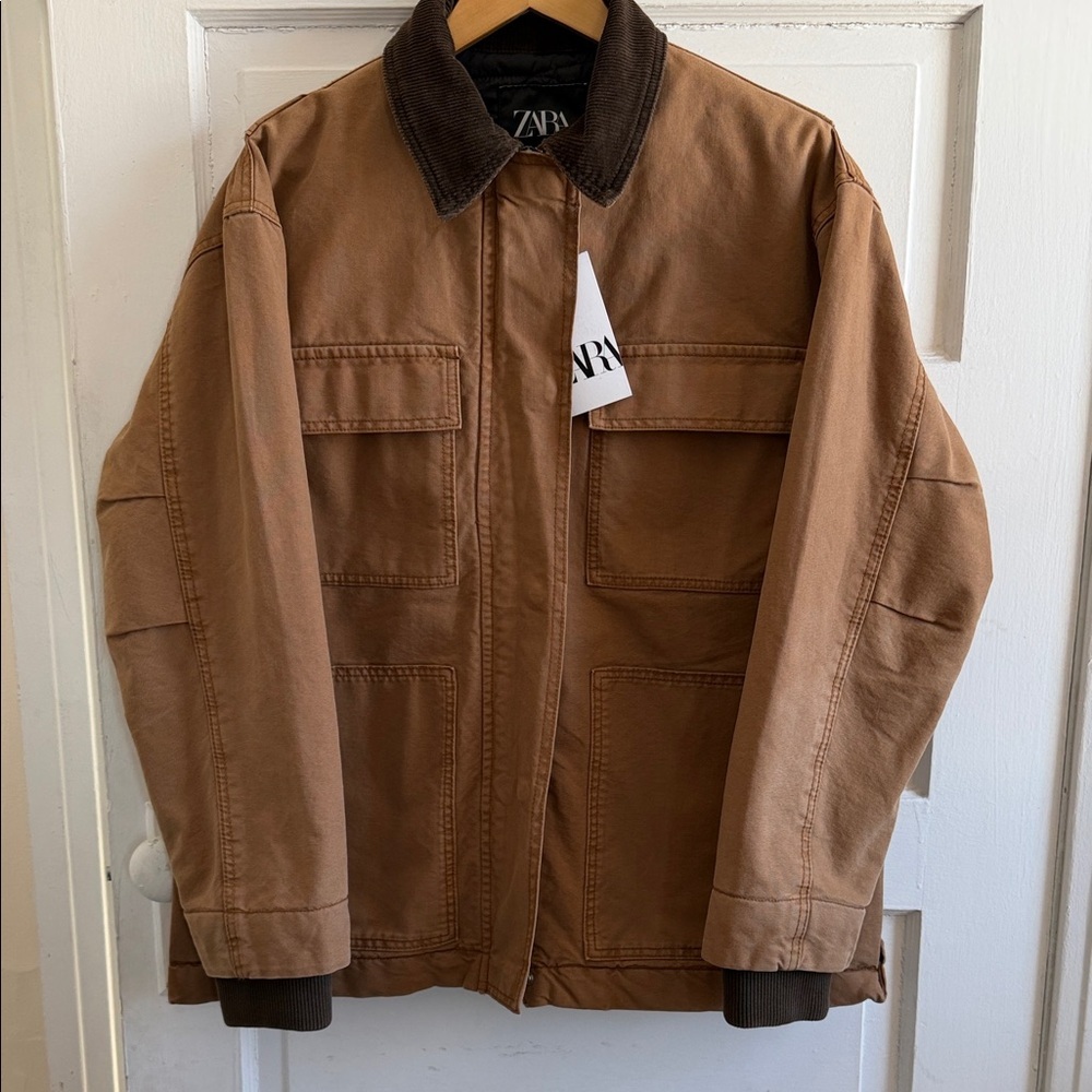 Zara ZW Contrast Collar Padded Oversized Jacket in Caramel Gorpcore NWT L - Picture 9 of 16